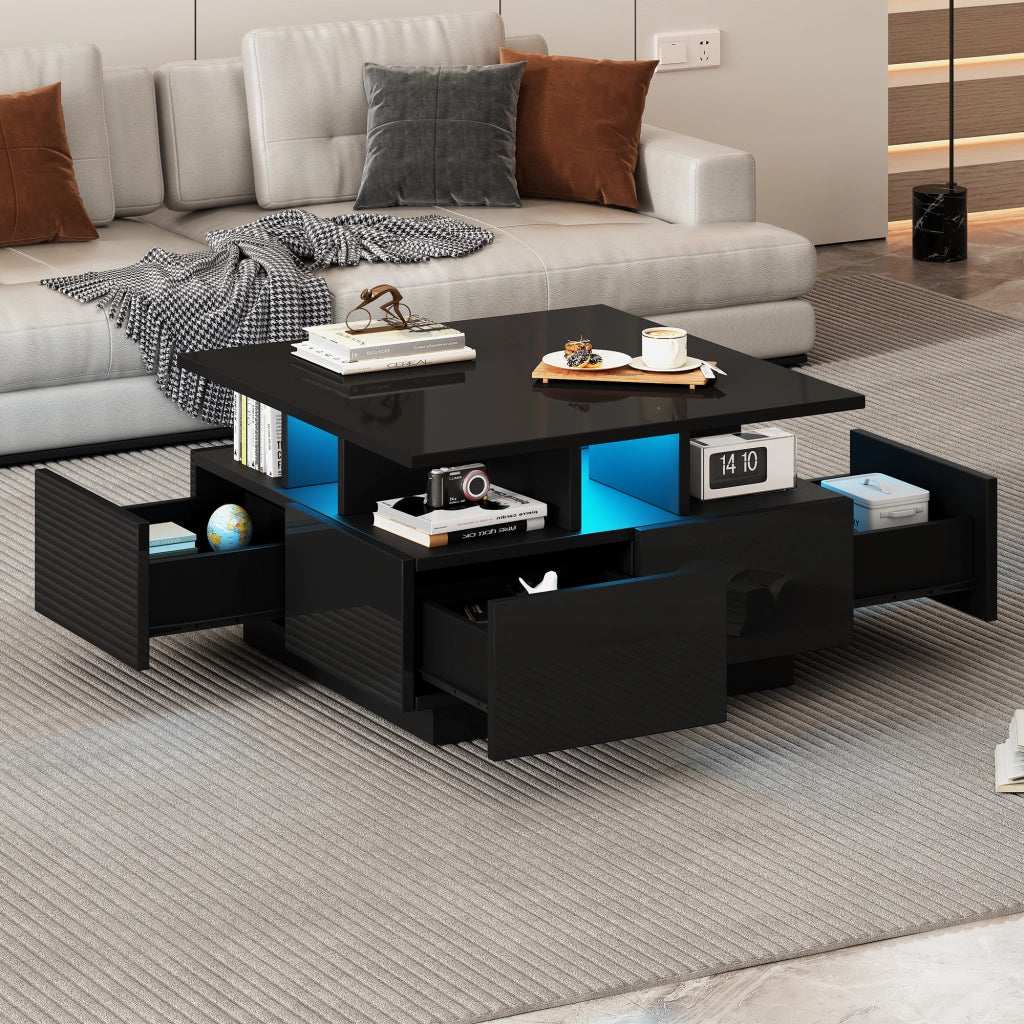 Tavolino da Caffè Quadrato con 4 Cassetti e LED; Nero Lucido; Design Geometrico; in Pannello Truciolare; 70×70×40 cm