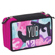 Trade Shop - Astuccio Portapastelli Scuola 3 Zip Yub Murales Pennarelli Fuxia Verde Acqua -