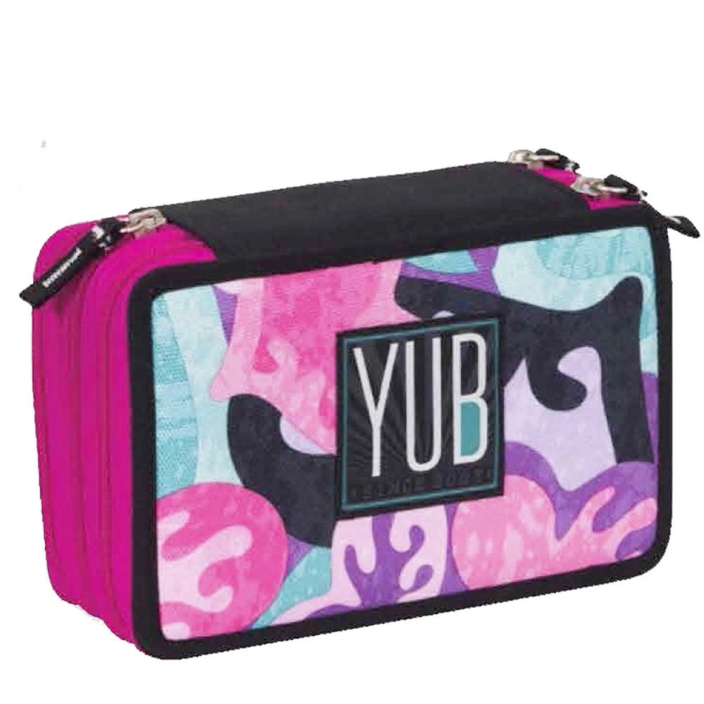 Trade Shop - Astuccio Portapastelli Scuola 3 Zip Yub Murales Pennarelli Fuxia Verde Acqua -