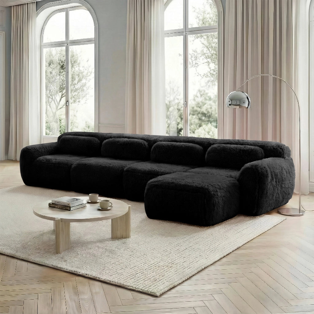 Divano angolare modulare 4 Posti con chaise longue, Design senza struttura, Cuscini, in Peluche Nero