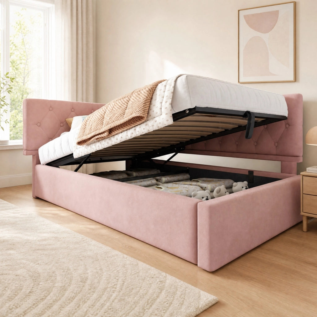 LETTO con contenitore 90x200 cm in velluto rosa