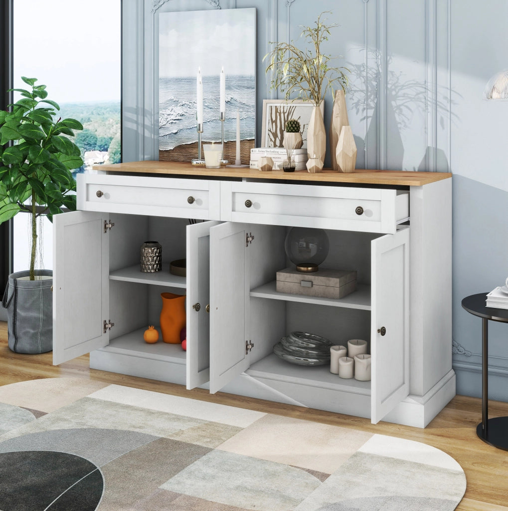 Madia 150x40x86 cm con 4 ante e 2 cassetti; bianco e colore naturale