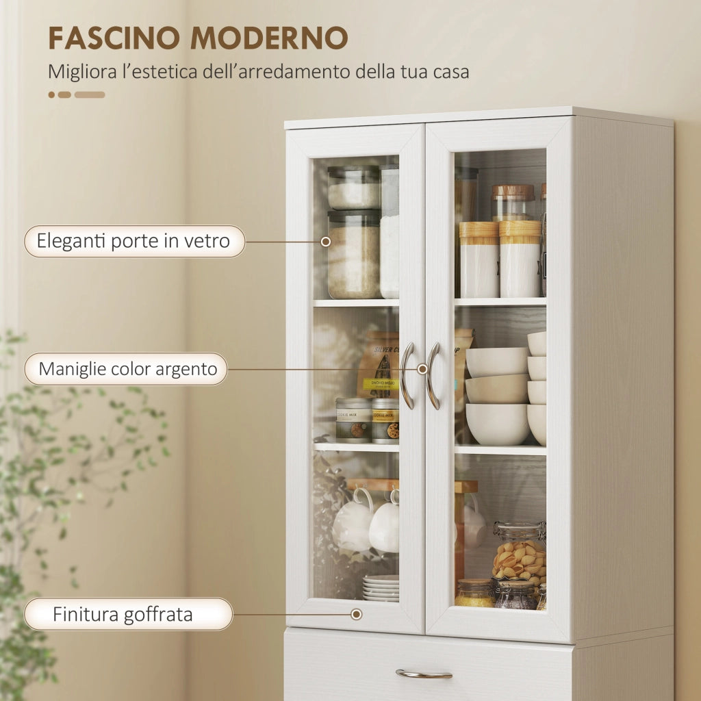Credenza con 2 Armadietti e Cassetto, Ante in Vetro ¨C zephmum ¨C 60x35x180 cm, Bianco
