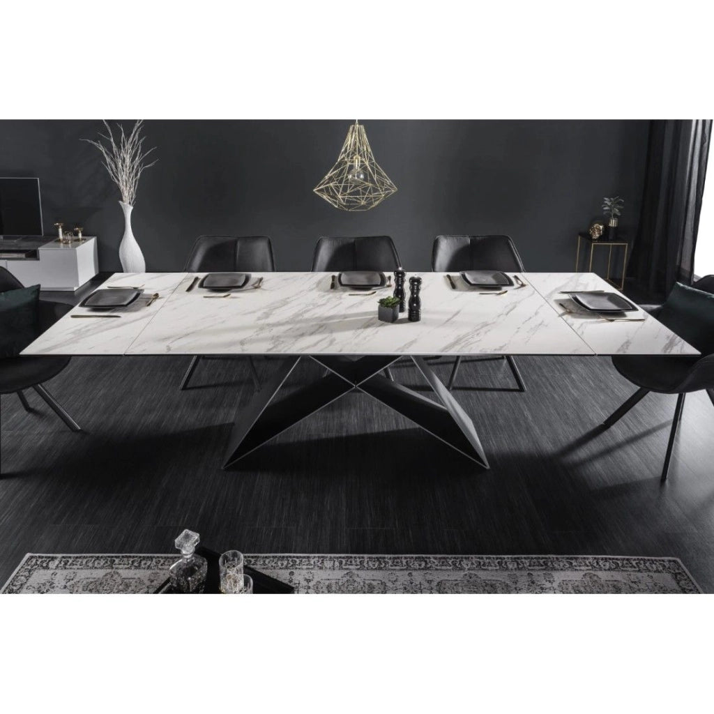 Tavolo da pranzo ATARA 180–260 cm – Piano in ceramica effetto marmo bianco e metallo nero