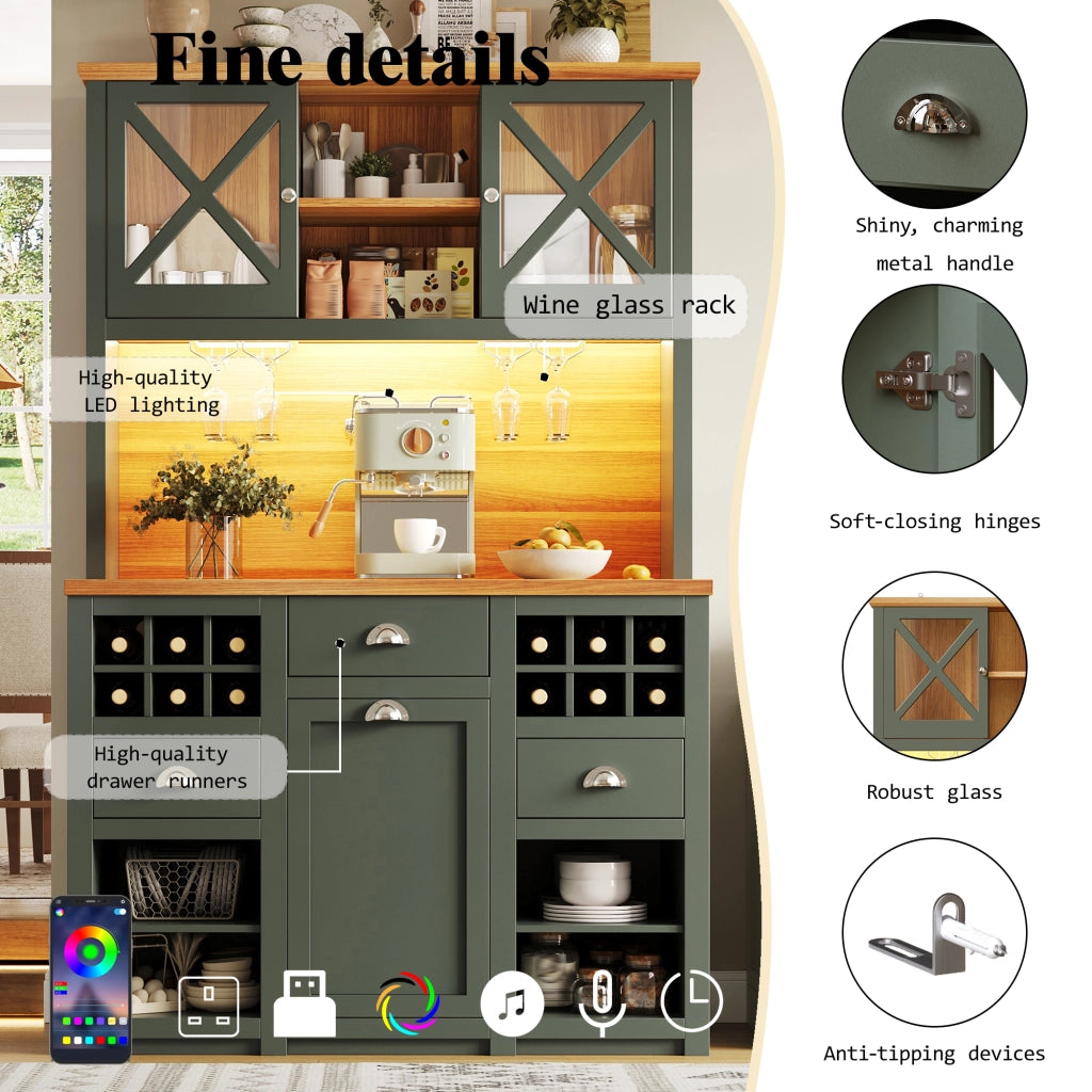 Mobile Cucina Alto con Ante in Vetro e LED, Portabottiglie ¨C MINIMAL ¨C Verde 120x45x188 cm