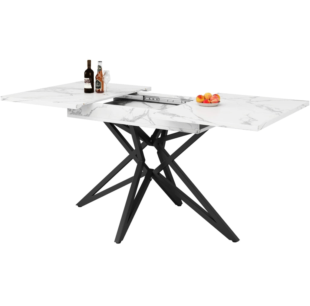Tavolo da pranzo allungabile 120/160x80x76 cm; MDF e metallo; bianco; effetto marmo