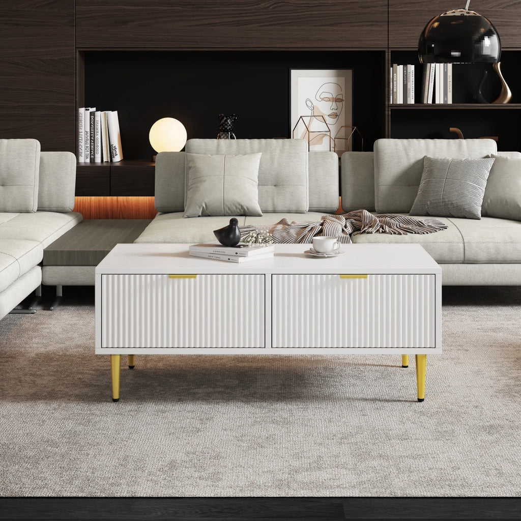 TAVOLINO DA SALOTTO 100x50x40 cm Bianco/Oro con 2 Cassetti
