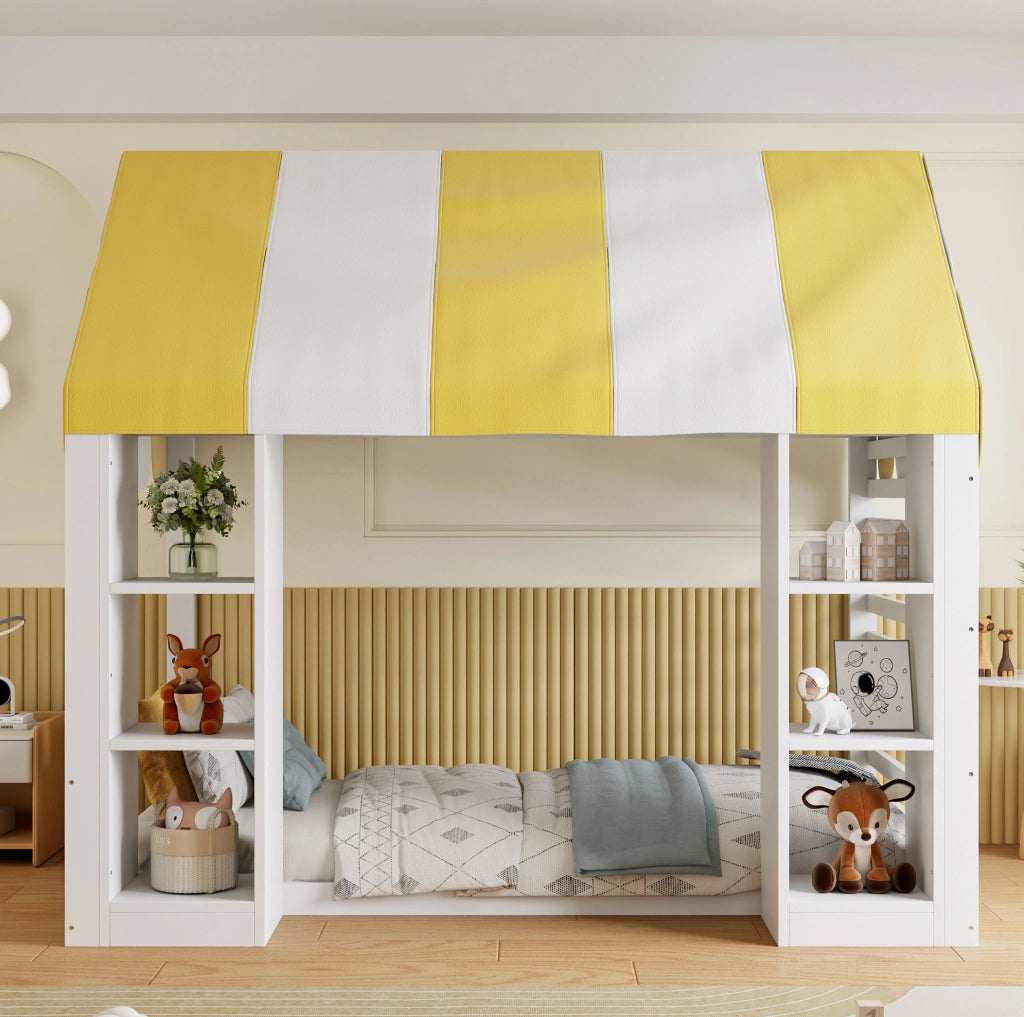 Letto per bambini 90x200 cm con baldacchino e vani portaoggetti bianco