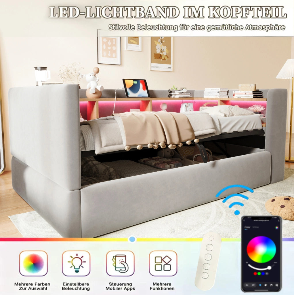 Divano letto imbottito 90x190 cm con contenitore idraulico; LED e prese; grigio chiaro