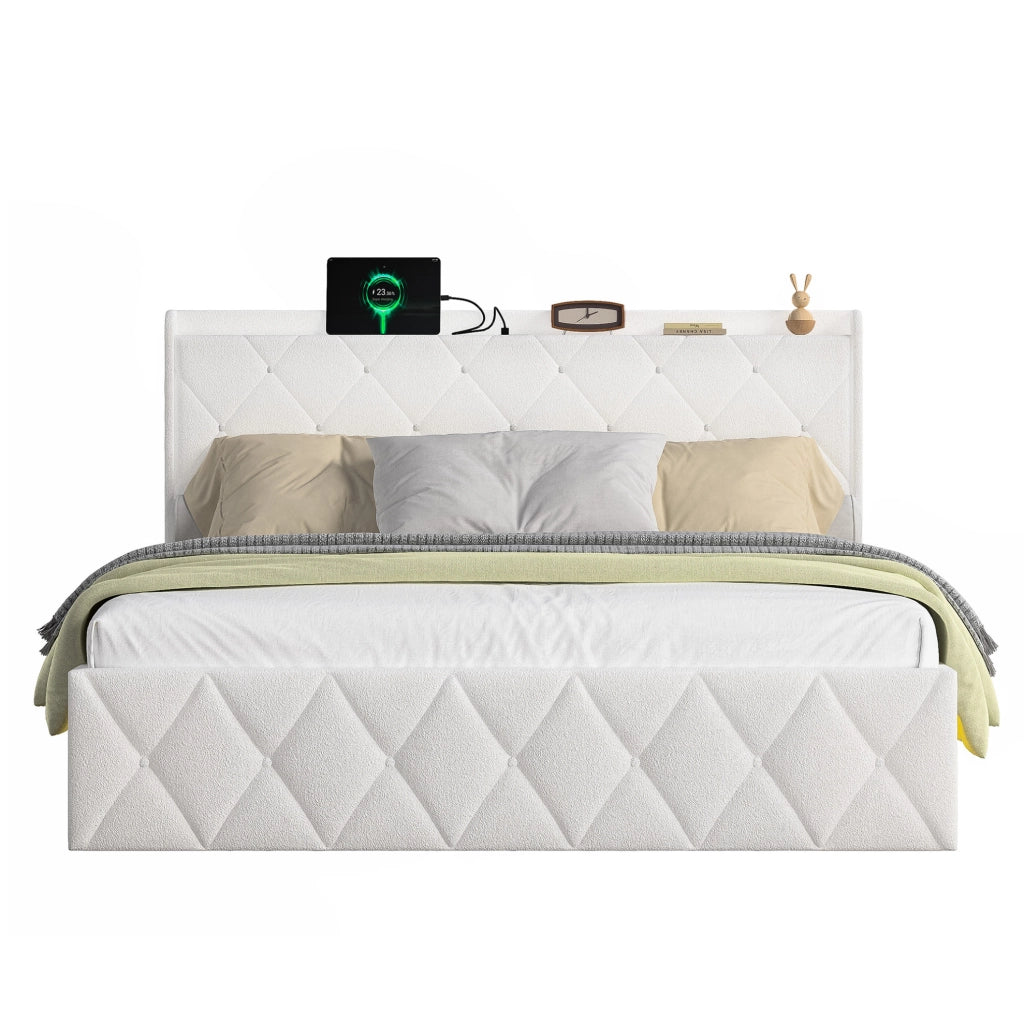 Letto matrimoniale 140x200 cm Teddy bianco con LED e USB
