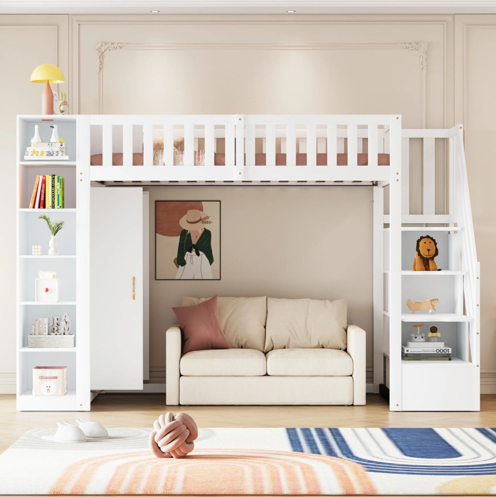 Letto a soppalco per bambini 90x200 cm con armadio; gradini contenitore e ripiani; bianco