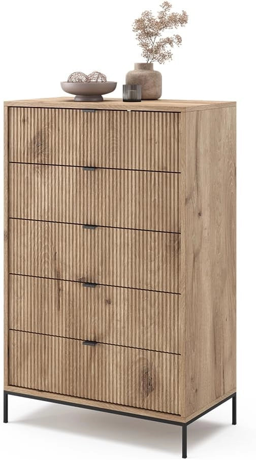 Cassettiera Eliza, Quercia vichinga, 76 x 120 cm con 5 cassetti, per conservazione e utilizzo in camera da letto o corridoio