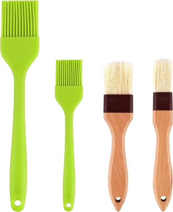 Set di Spazzole per la Cucina a 4 Pezzi con Manico in Legno - Spazzole in Silicone - Ideali per la Griglia e la Frittura - Diffusione Salsa e Burro - Spazzole per Cuoio - 2 Specifiche