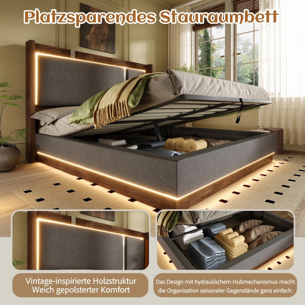 Letto matrimoniale 140x200 con LED, contenitore e rete a doghe