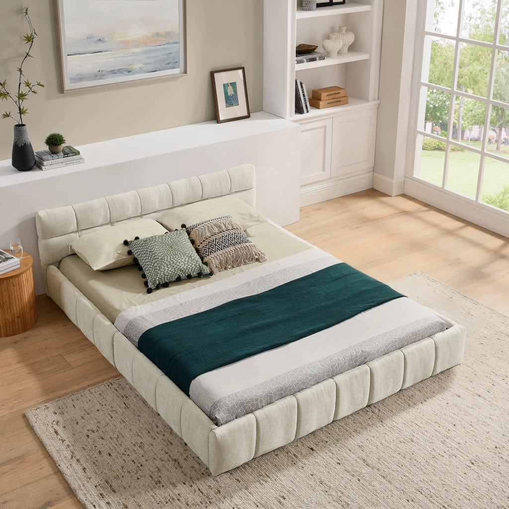 Letto matrimoniale in chenille con testiera, 140x200 cm, beige