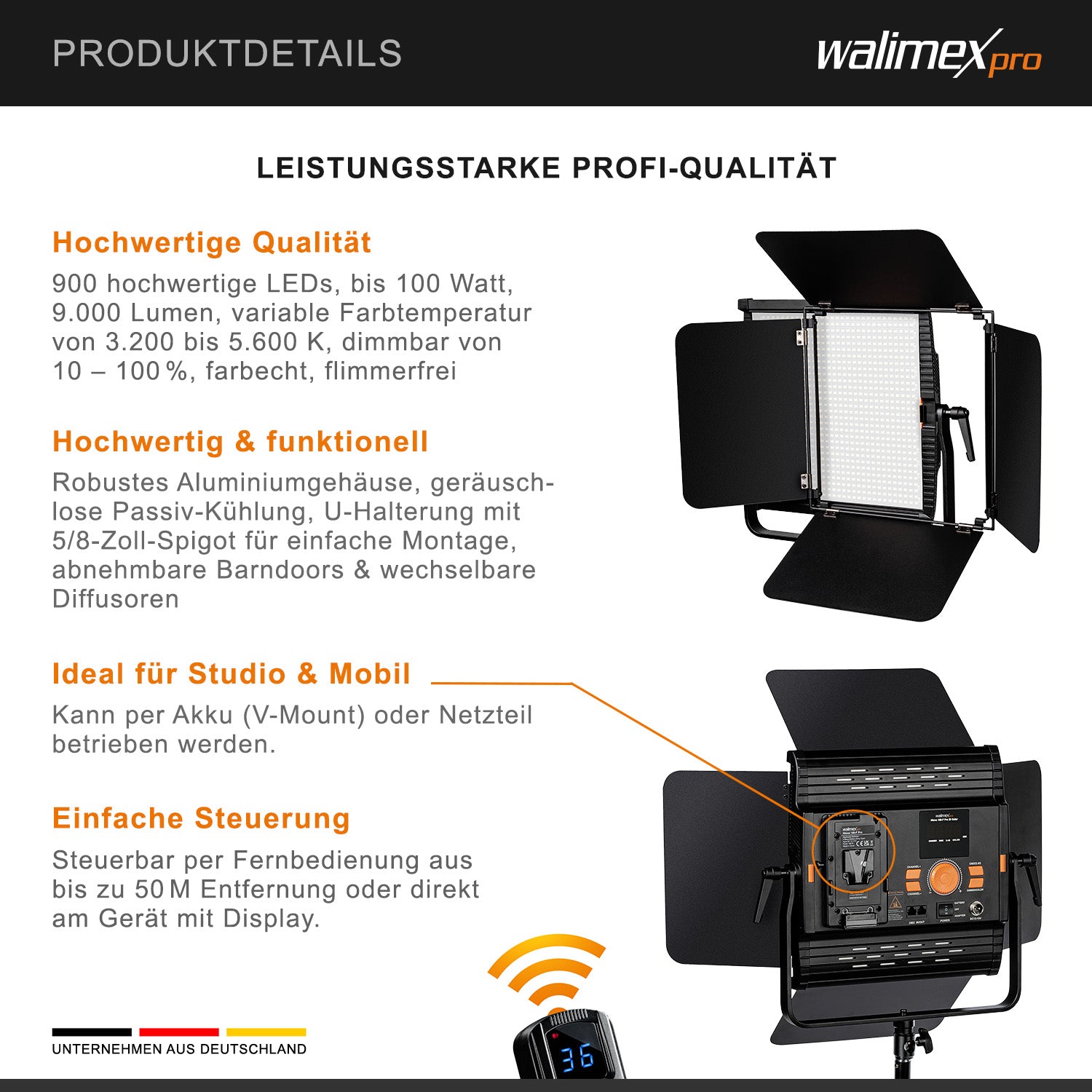 luce LED dimmerabile 100W bicolore + slot per batteria I Luce video e luce fotografica Niova 100-F, 3.200-5.600K, 9.000LM I Luce da studio e luce continua mobile I Luce per streaming