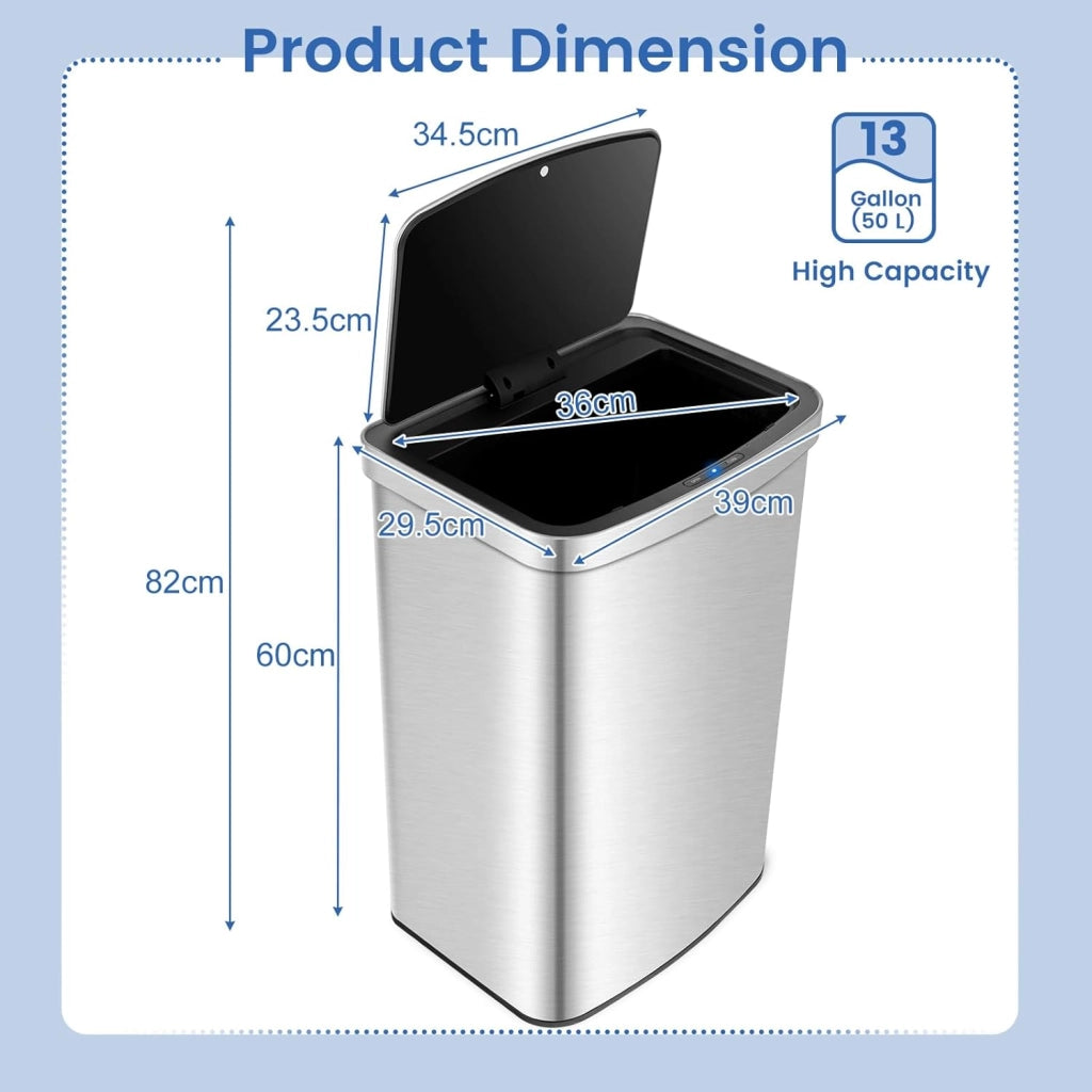 Pattumiera con sensore da 50 l, con sensore automatico, per cucina, ufficio, 39 x 29,5 x 60 cm