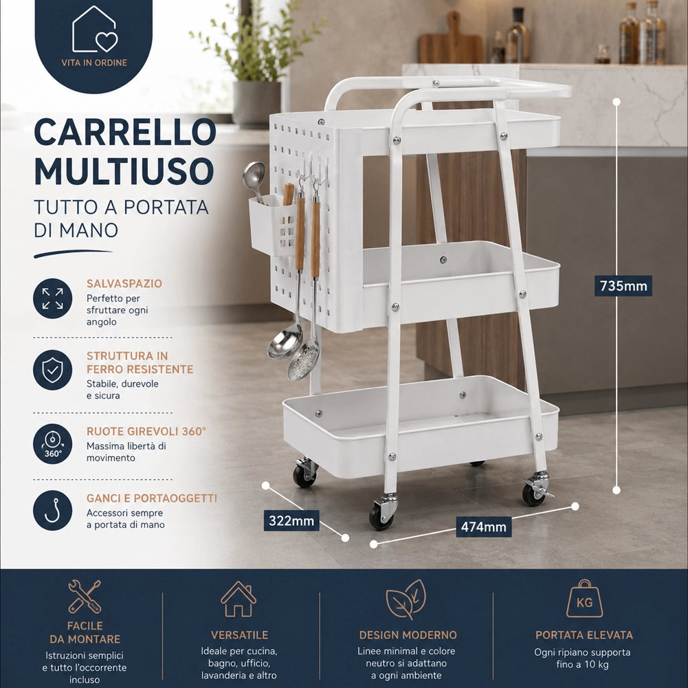 Carrello da Cucina Bianco Acciaio 3 Ripiani Carrellino Salvaspazio 47.5x32x73.5cm