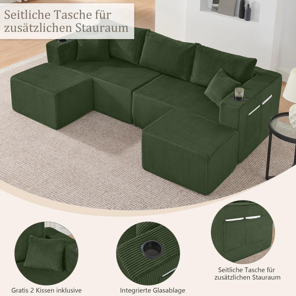 Divano angolare modulare 3 posti con pouf mobili portabicchieri tasche laterali e cuscini in velluto a coste verde