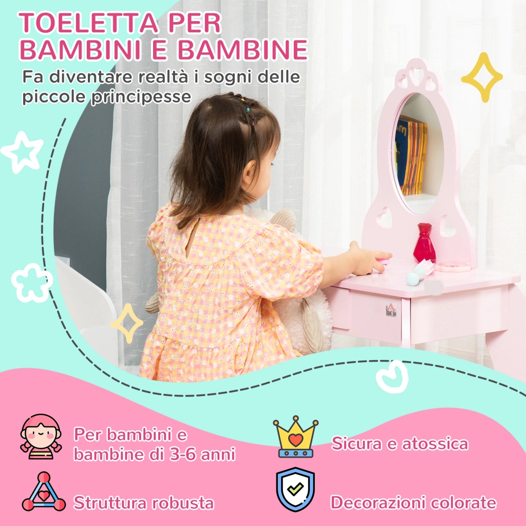 Tavolo Trucco per Bambini con Sgabello ¨C zephmum ¨C Legno, Rosa, 60x36x88cm
