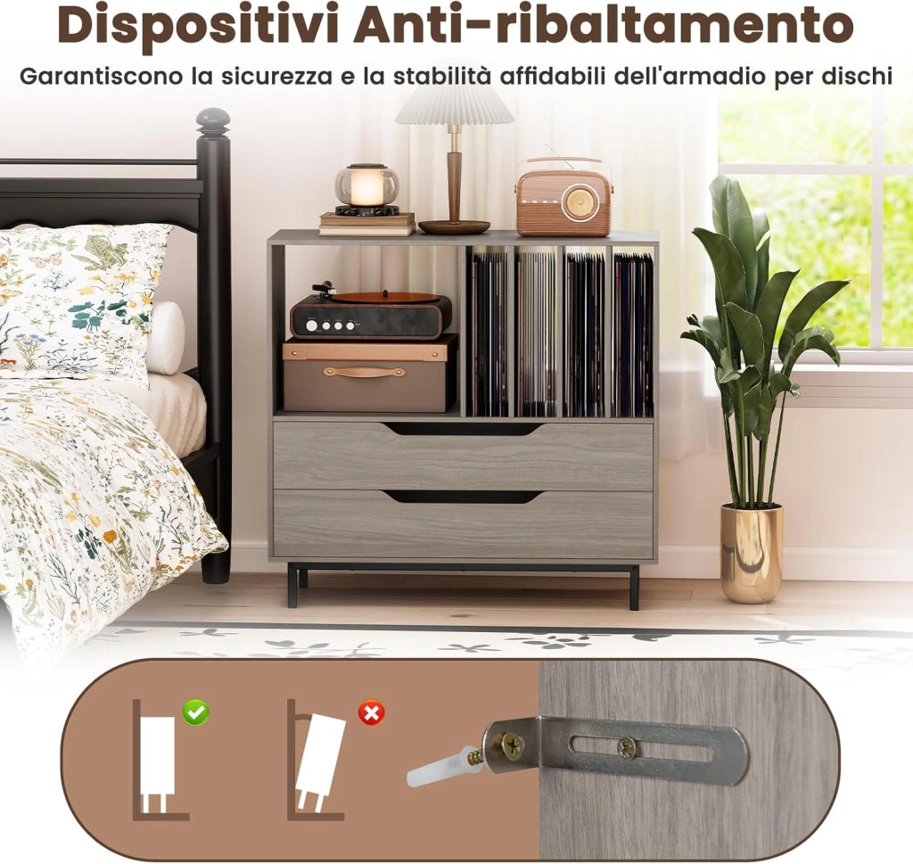 Supporto per Giradischi, Porta Dischi Vinile con 4 Ripiani per Vinili e 2 Cassetti, Armadio per Dischi Fino a 250 Album, per Soggiorno, Studio e Camera da Letto, 91 x 35 x 87 cm (Grigio)