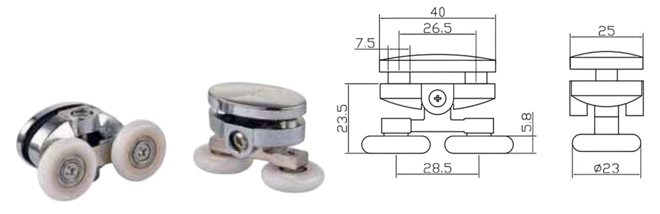 Coppia Cuscinetti Doppia Ruota Attacco Superiore ABS Cromato Box Doccia – Ø23 mm – Foro 9 mm – Interasse 26,5 mm