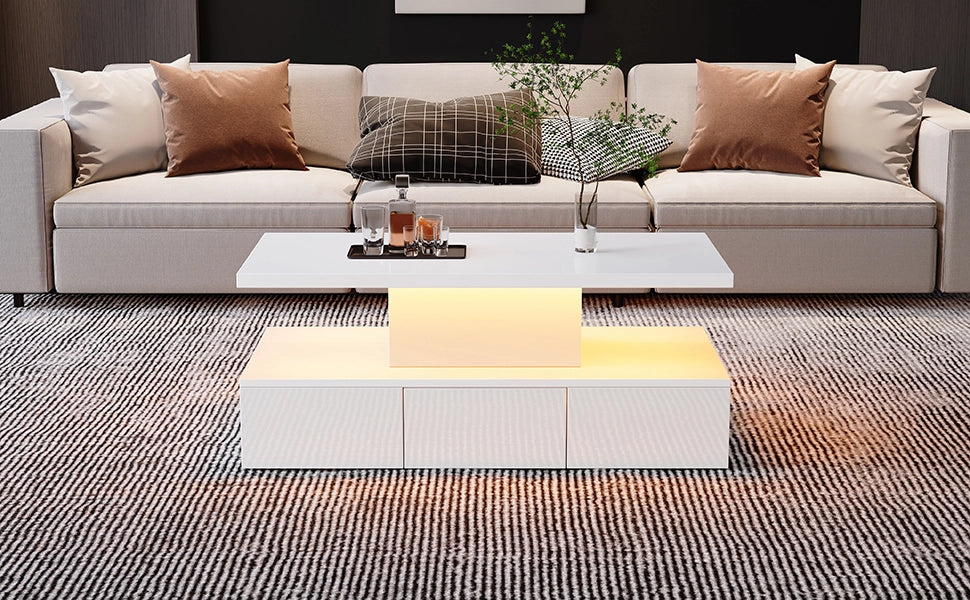 TAVOLINO DA SALOTTO 100x50x39 cm Bianco con LED, 1 cassetto e vano aperto