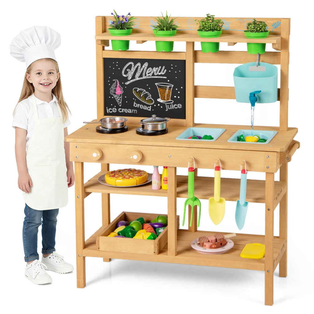 Cucina in legno per bambini con rubinetto lavandini rimovibili lavagna fornelli-Cucina da gioco all'aperto manopole vasi fiori accessori 3+ anni