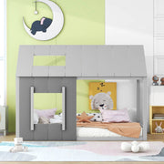Letto per bambini a forma di casa 90x200 cm in legno di pino e MDF grigio scuro e chiaro