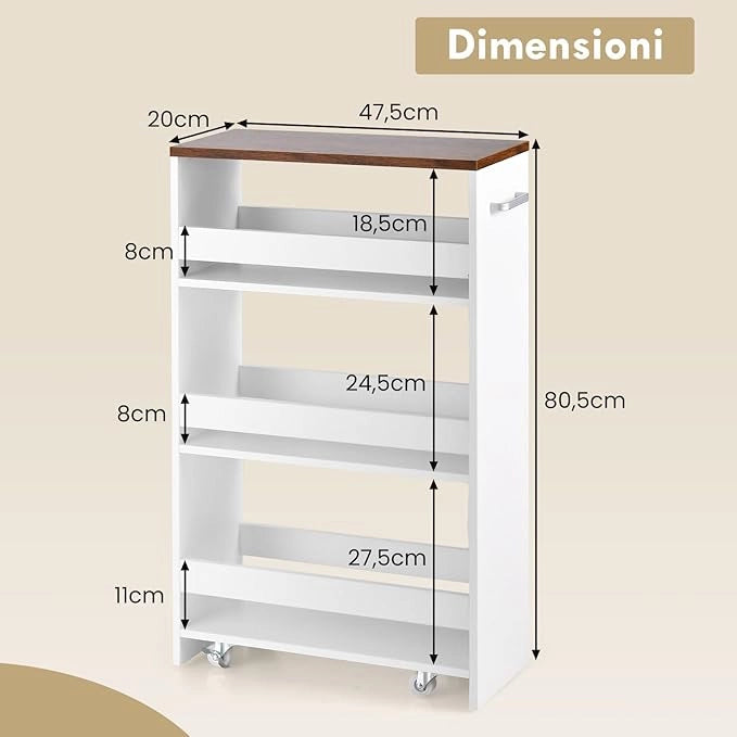 Carrello Portaoggetti da Cucina, Scaffale con Maniglia Laterale e Ruote, Carrello Salvaspazio con 3 Scaffali Stretti, 47,5x20x80,5 cm (Marrone+Bianco 47,5x20x80,5 cm)