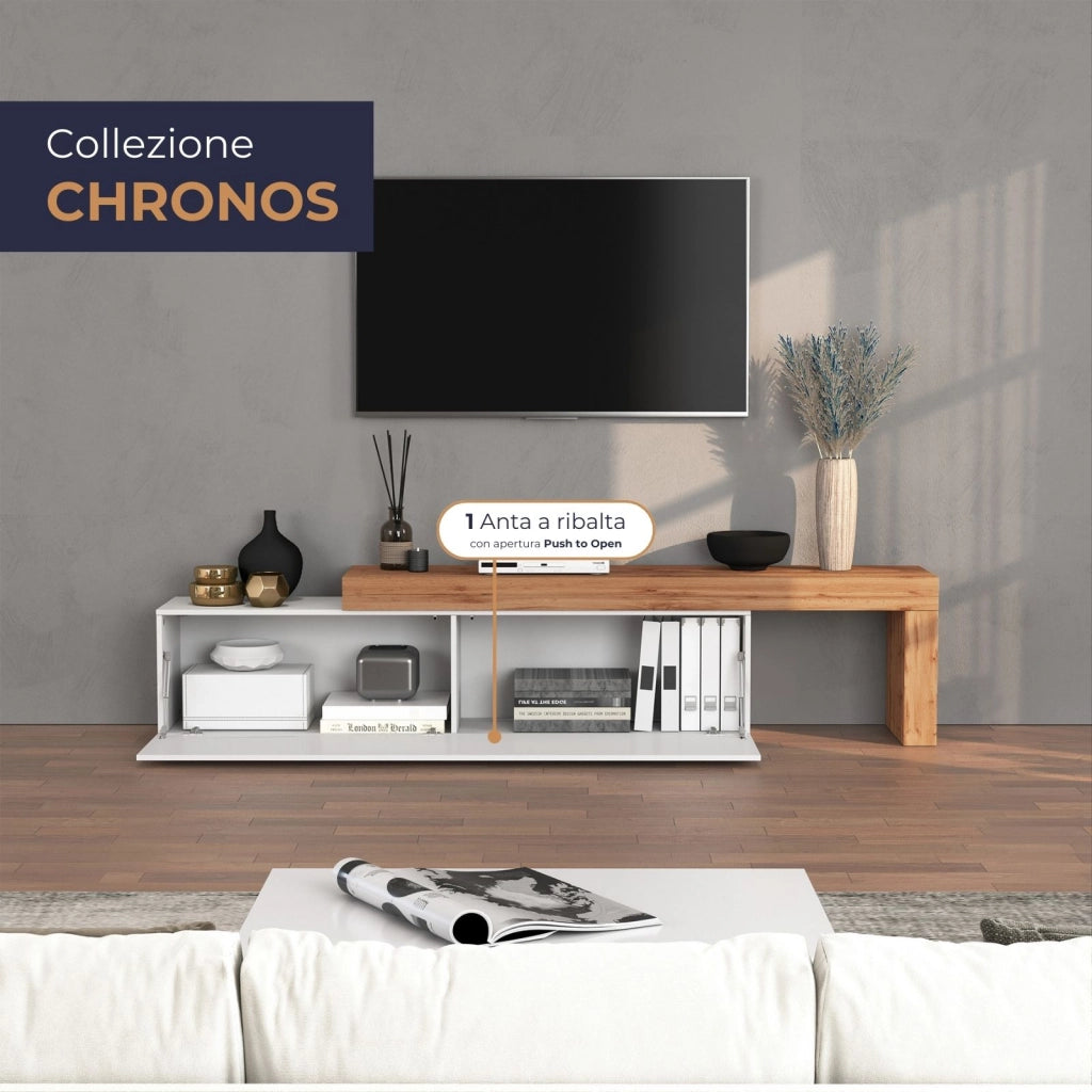 WHOUS Mobile porta tv Chronos estensibile con 1 anta a ribalta bianco/rovere 190/350x40x51 cm