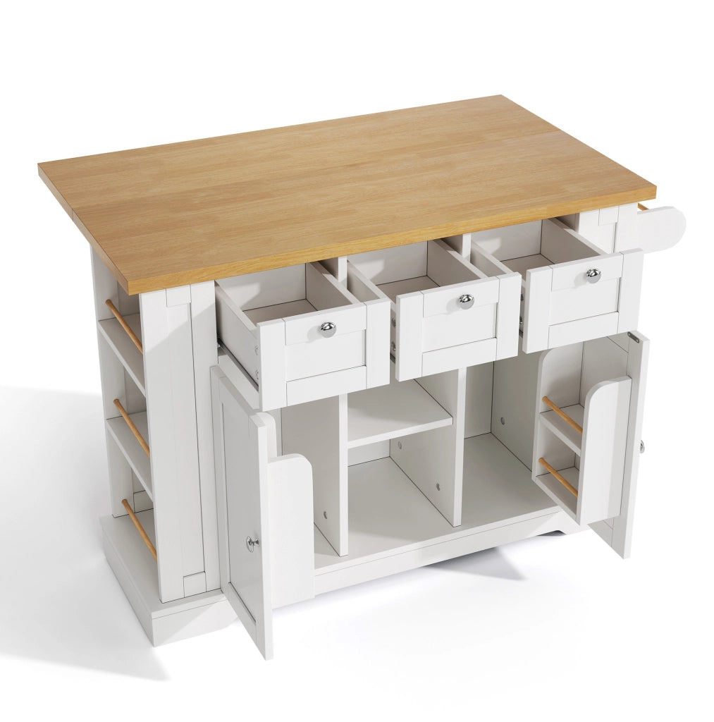 Isola cucina mobile 132x40(70)x87 cm con piano ribaltabile; prese integrate in MDF bianco e naturale