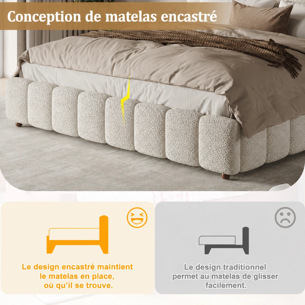 letto imbottito bouclé bianco 196 x 218 cm