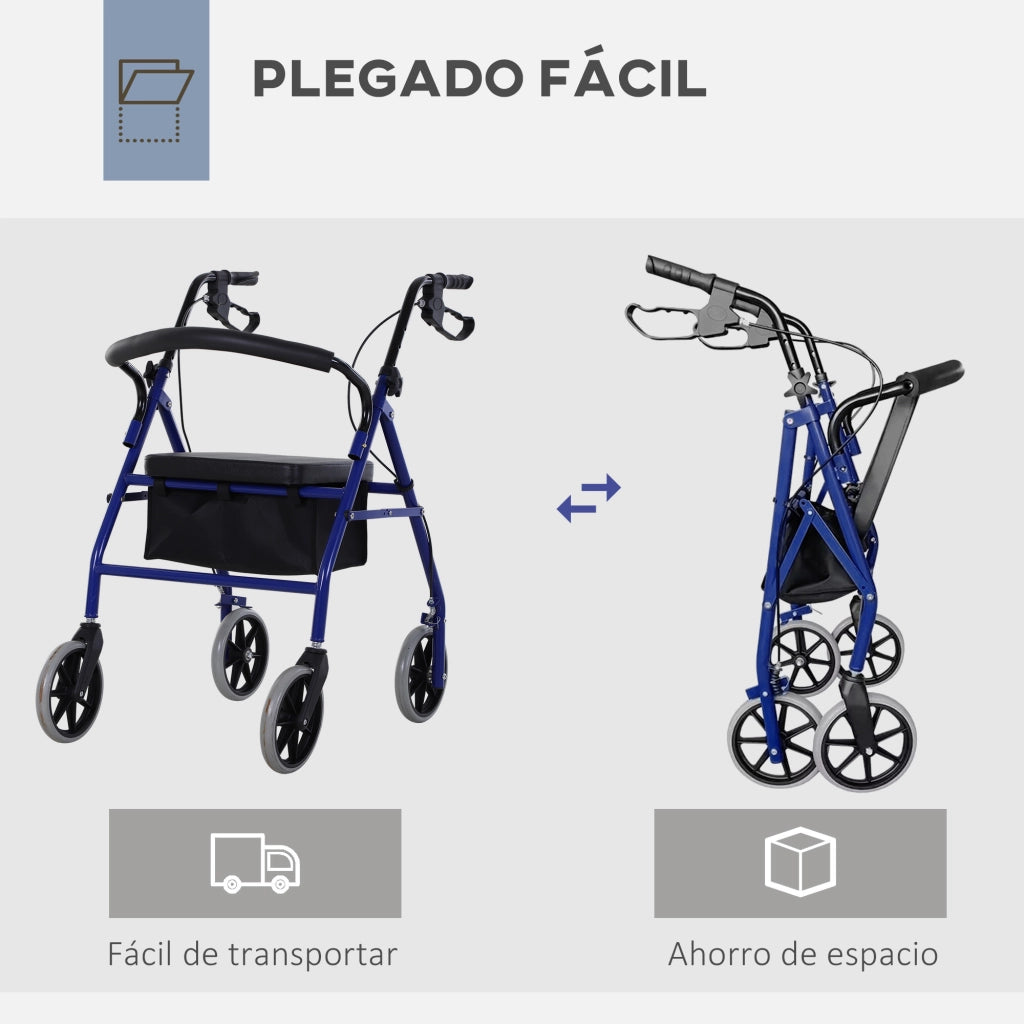 Deambulatore Pieghevole per Adulti ¨C Xylo ¨C con Sedile, Freni e Cestino Portaoggetti 65x53x79-89 cm Blu e Nero