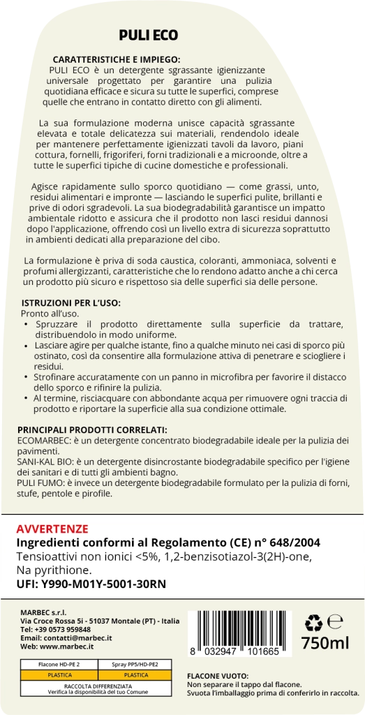Detergente sgrassante multiuso, efficace su superfici delicate, pronto all'uso Marbec PULI ECO - 750ML