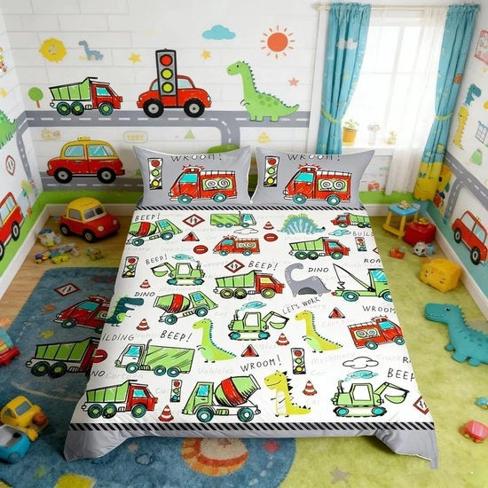 Tappeto per Bambini con Modelli di Dinosauro e Veicoli da Costruire - Set di Microfibra Comfortevole