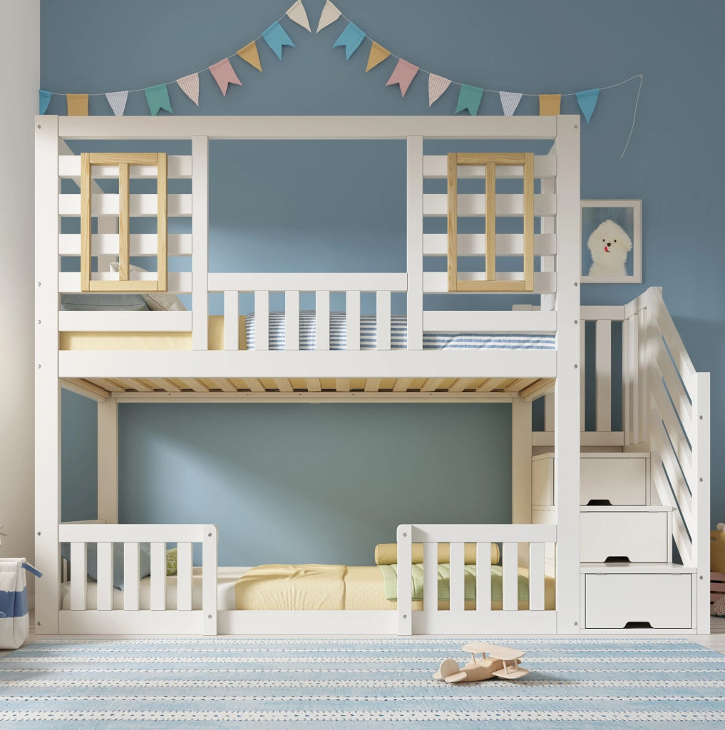 Letto a castello con scala contenitore; 2 posti letto 90x200 cm; bianco