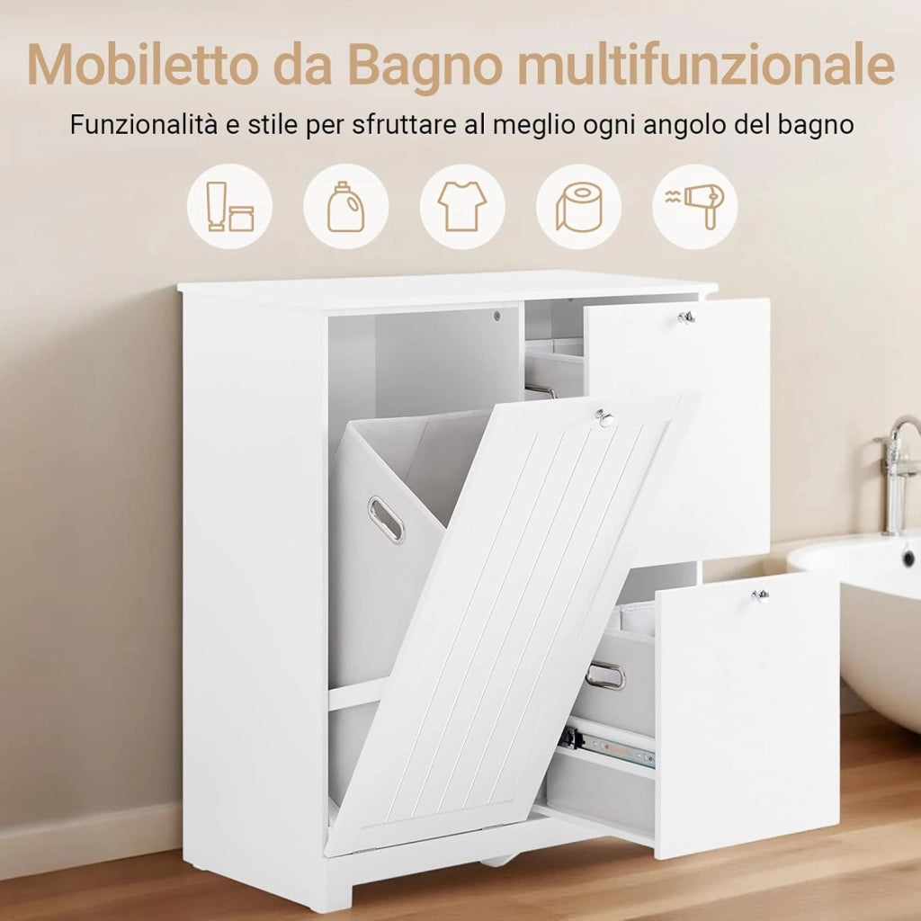Mobile Bagno Salvaspazio Colonna Bagno Stretta 78x38x90cm con 1 Cesto Grande Integrato e 2 Cesti in Tessuto Estraibili – Armadietto Mobile Lavanderia BZR213-W