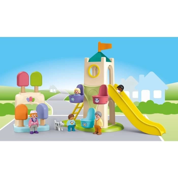 PLAYMOBIL Junior 71703 Parco giochi con scivolo gigante Include cinque personaggi, scivolo e accessori - Da 1 anno in su