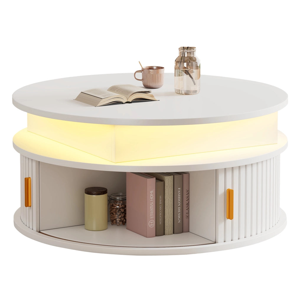 Tavolino da caffè rotondo 75 cm regolabile in altezza con LED; bianco; MDF