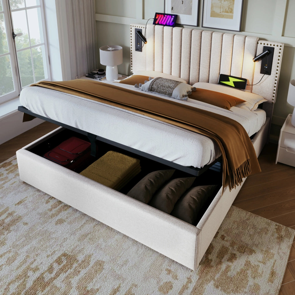 Letto imbottito 140x200 cm beige con contenitore, luce e USB-C
