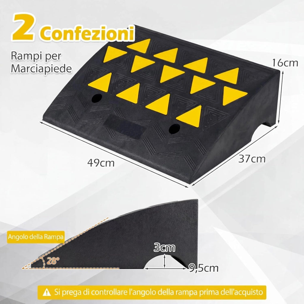 Set di 2 Rampe per Soglia, Rampa per Marciapiede in Gomma Antiscivolo con Strisce Riflettenti Triangolari Gialle e Fori di Drenaggio, Capacità Carico 15 Tonnellate (49 x 37 x 16cm)