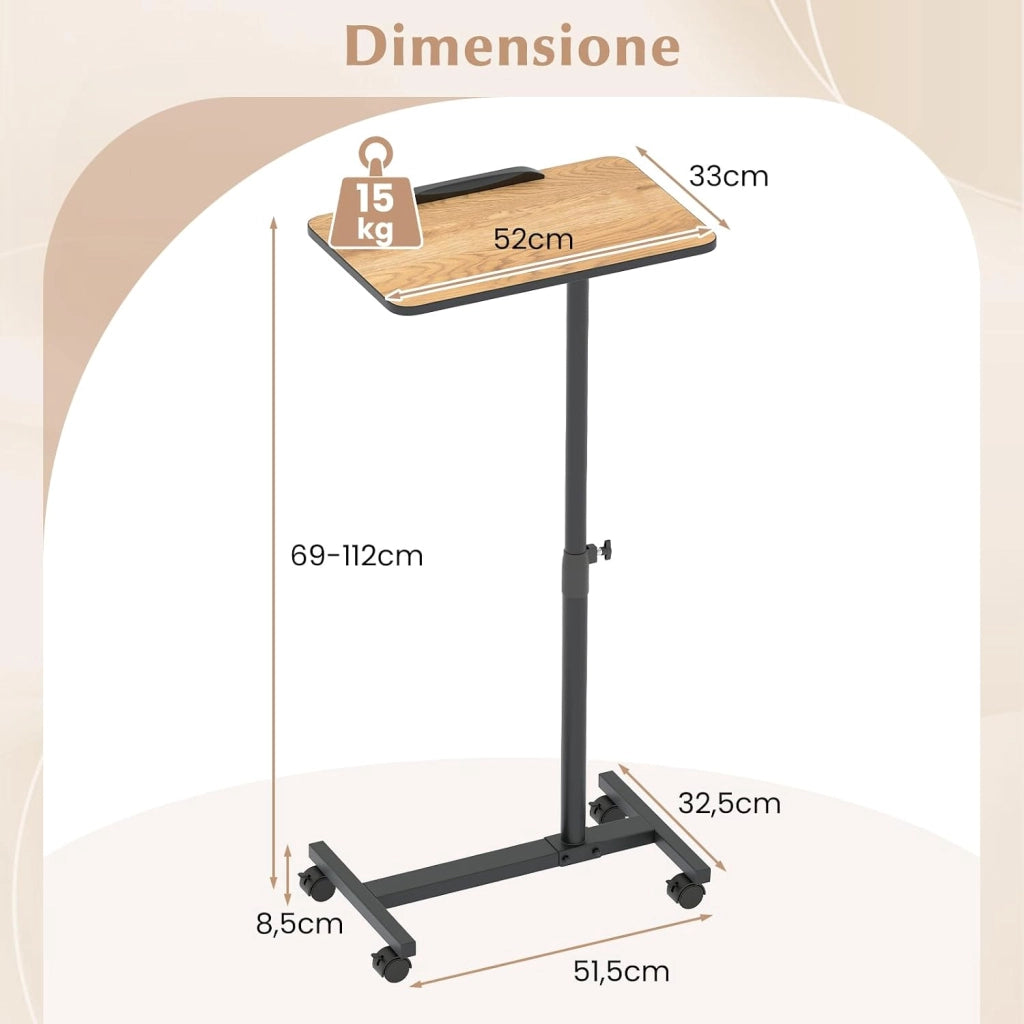 Tavolino Servitore con Altezza Regolabile, Ruote Bloccabili, Piano Girevole a 360° e Inclinabile con Fermo Bordo, Tavolino a Forma di C per Soggiorno, Camera da Letto e Studio (Naturale)