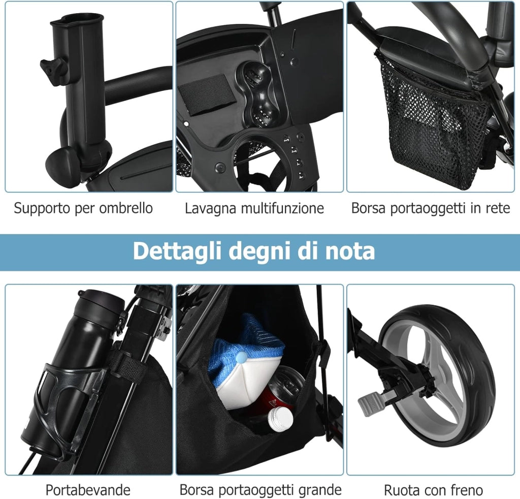 Carrello da Golf Pieghevole con 3 Ruote, Trolley da Golf Altezza Regolabile di Alluminio con Sedile, Porta Ombrello e Porta Bevande