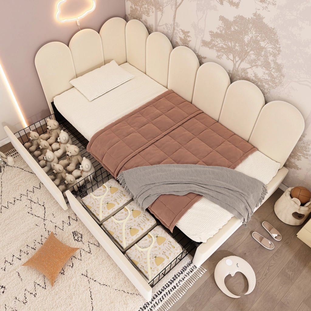 LETTO GIORNO L-Form 90x190 cm in Velluto Beige con 2 cassetti