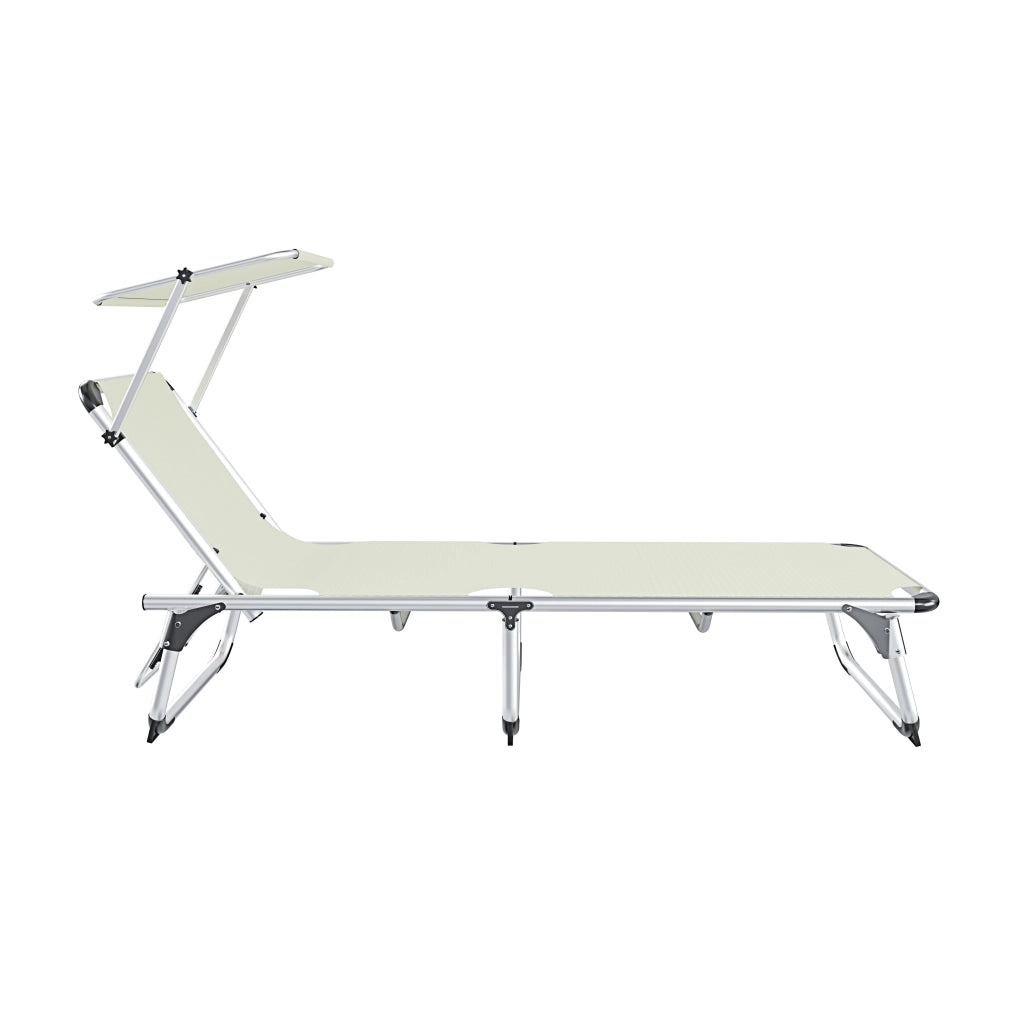 Lettino Pieghevole Prendisole Con Tettuccio Parasole Schienale Reclinabile Regolabile in 6 Posizioni Sedia Sdraio Per Spiaggia Mare Giardino Piscina 187 x 59 x 29 Cm Beige