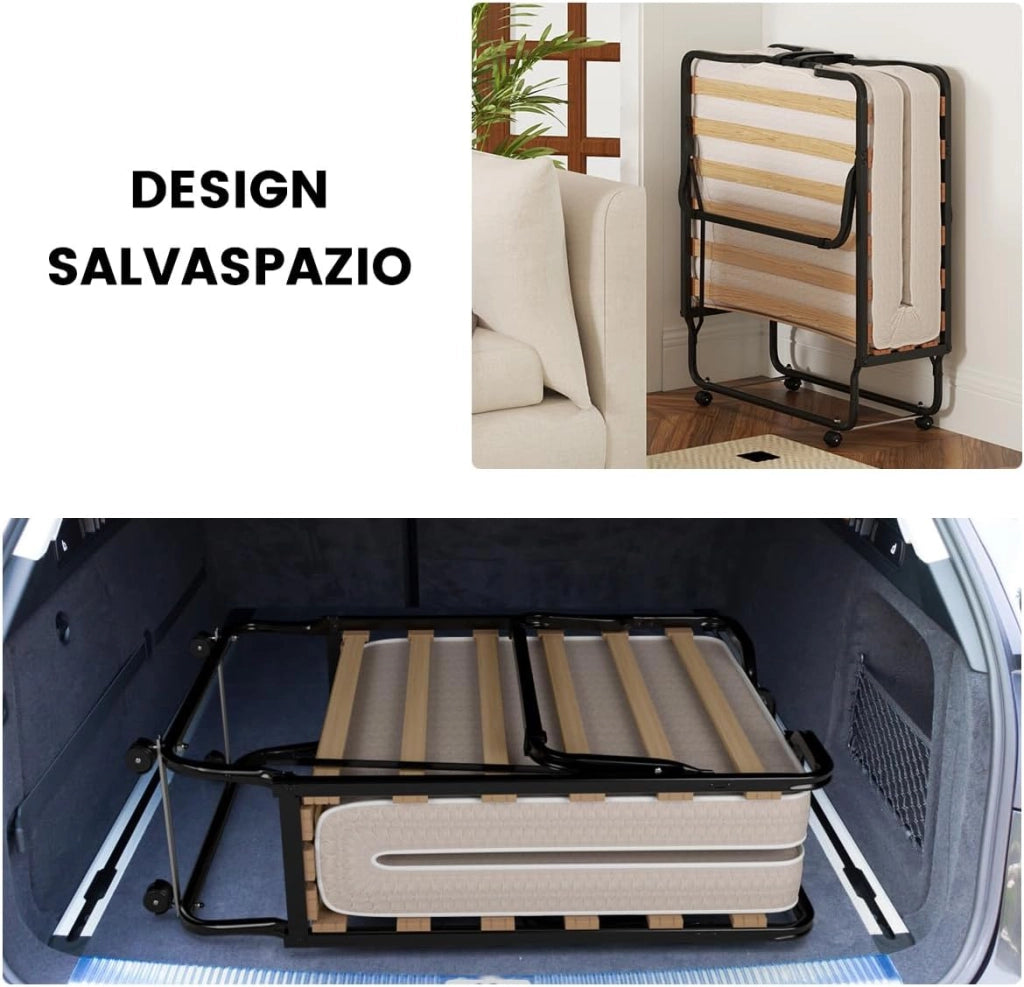 Letto Brandina Pieghevole, con Materasso in Memory Foam 4 Ruote Girevoli, Trapuntatura a Onda con Imbottitura a Doppia Fibra, 200x80x40cm, Made in Italy (Stile 2 Beige)