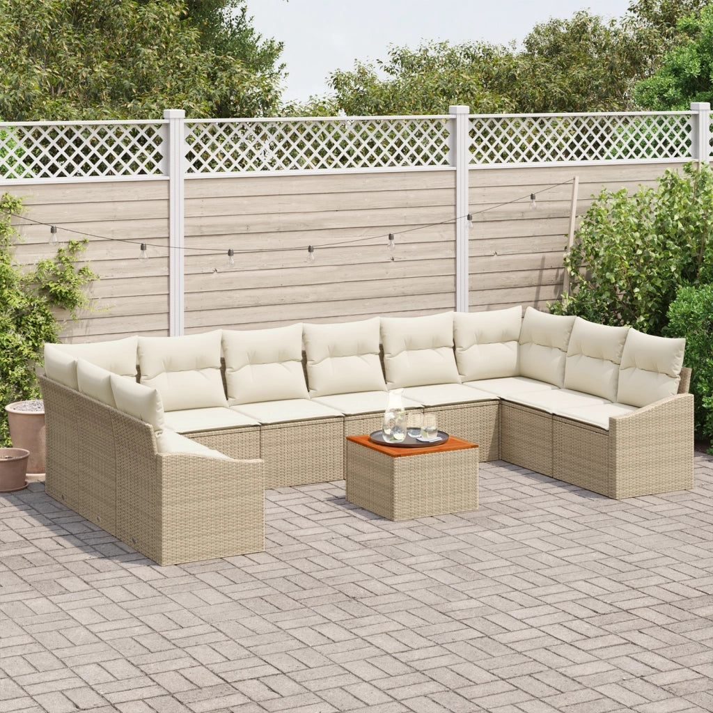 Set Divano da Giardino 11 Pezzi con Cuscini Beige in Polyrattan Acacia