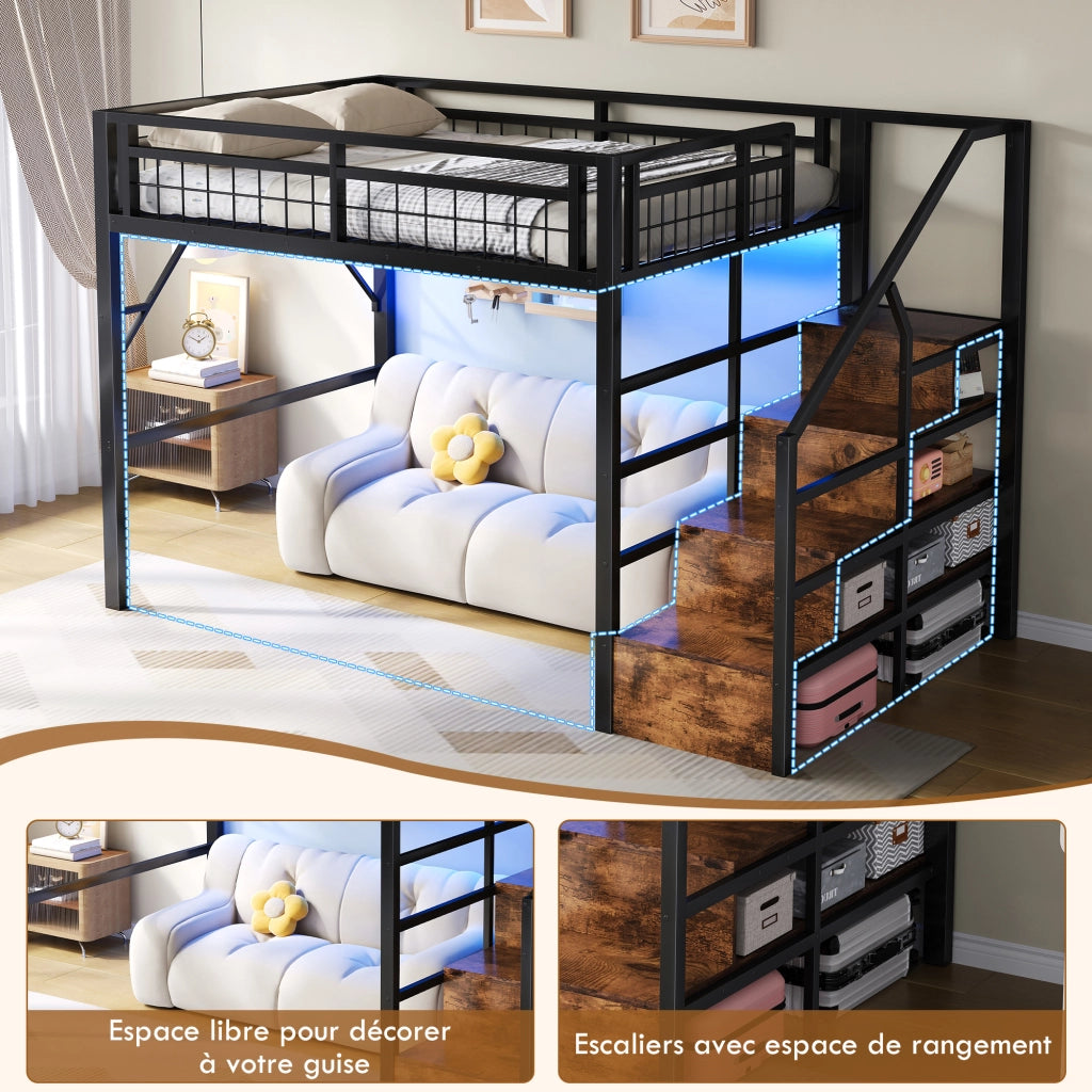 OKWISH Letto a soppalco 140×200 cm, Letto matrimoniale con LED regolabile, Scala con contenitore e spazio libero, senza materasso, Nero