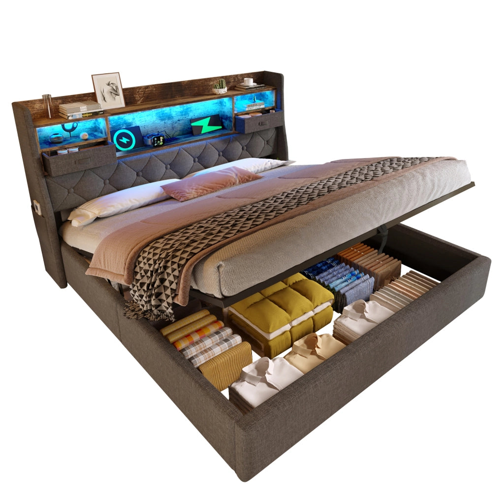 Letti contenitori 140x200 cm; contenitore idraulico con testiera LED; lino grigio (Senza materasso)